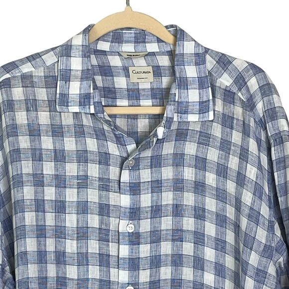 Culturata Shirt Men's XXL Tailored Fit 100% Linen Blue White Plaid Made in Italy - Picture 2 of 8